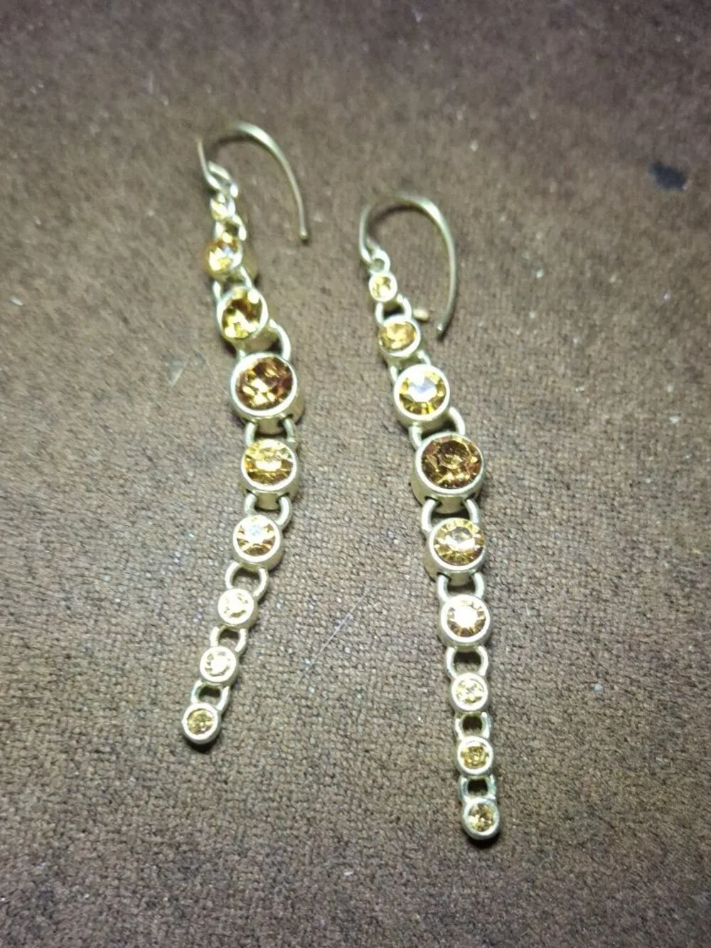 Vtg signed Graduated Dangle Hook crystal bezel Earrings signed F fossil?